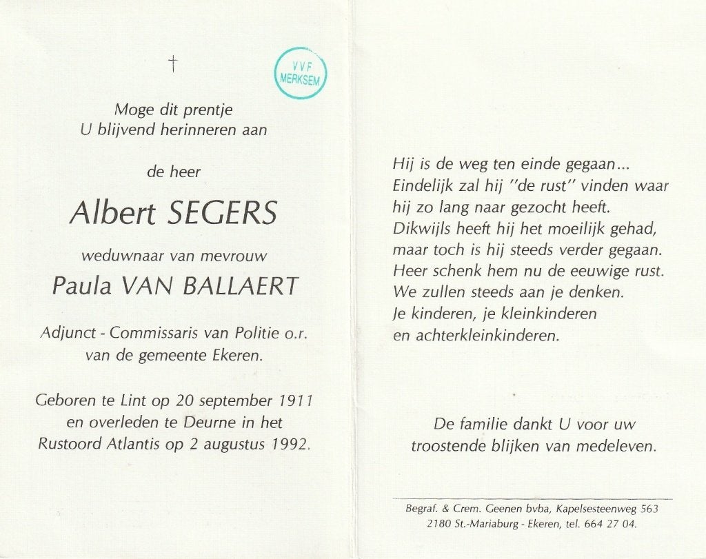 Adjunct commisaris Politie Albert Segers, Verzamelen, Bidprentjes en Rouwkaarten, Verzenden