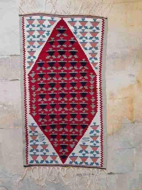 Tapis Kilim rouge foncé, vert de mer, crème, saumon 92/51 cm, Envoi, Utilisé, Autres styles