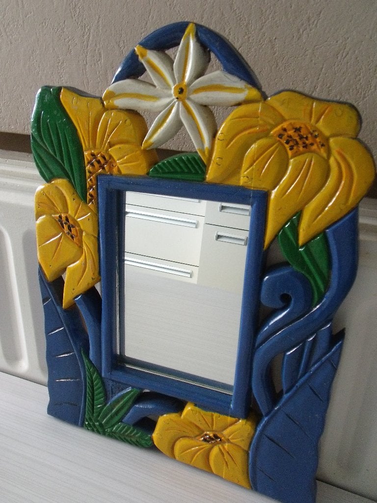miroir Mexique bois peint 43 cm X 31 cm, Autres styles, Bois, Enlèvement ou Envoi, Décoration murale
