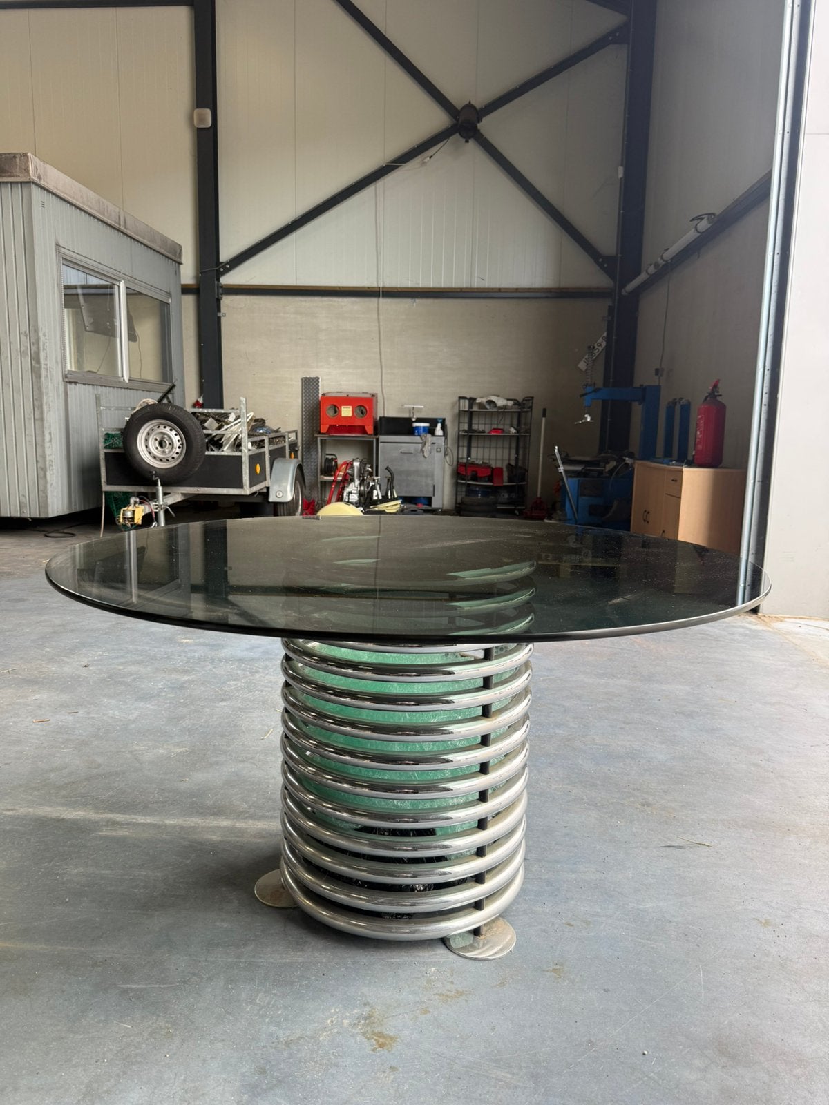 Design Eettafel alumnium / glas jaren 70, Ophalen, Gebruikt, Rond, Glas