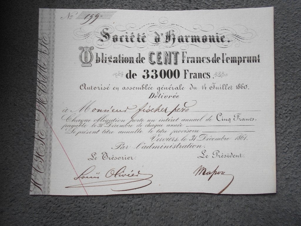 obligation de 100F  1890 Verviers, Postzegels en Munten, Aandelen en Waardepapieren, Ophalen of Verzenden, Voor 1920, Obligatie of Lening
