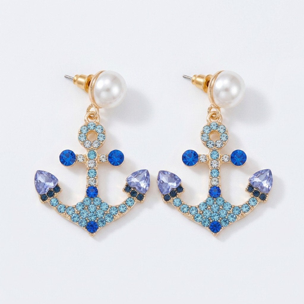 blauwe maritime met parel oorbellen, Handtassen en Accessoires, Overige materialen, Hangers, Blauw, Nieuw