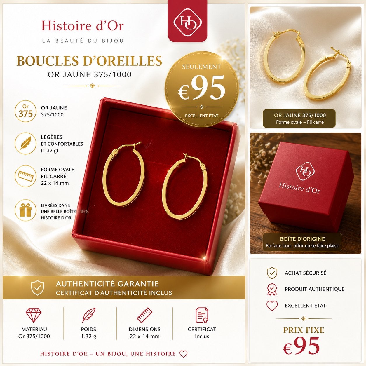 Gouden oorringen 375/1000 Histoire d’Or – Nieuwstaat, Bijoux, Sacs & Beauté, Enlèvement ou Envoi, Comme neuf, Or