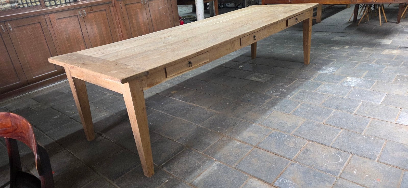 300 cm lange authentieke boerentafel met 3 laden, Ophalen of Verzenden, Gebruikt