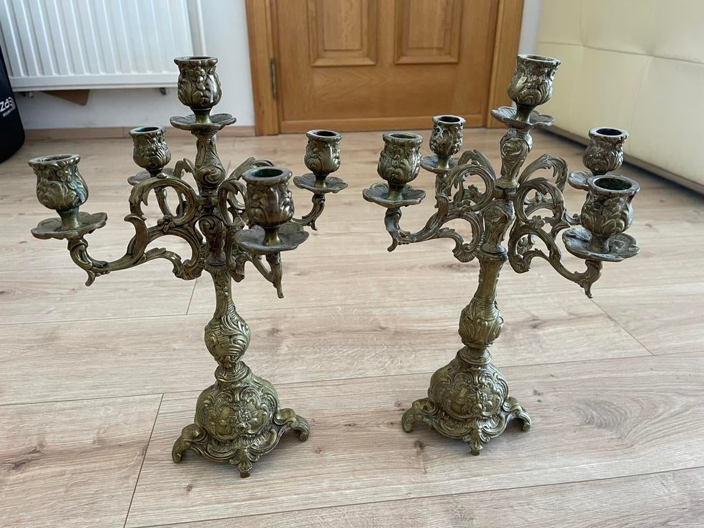Kandelaars Barokke vijfarmige kandelaar van messing, Antiek en Kunst, Ophalen, Koper of Brons