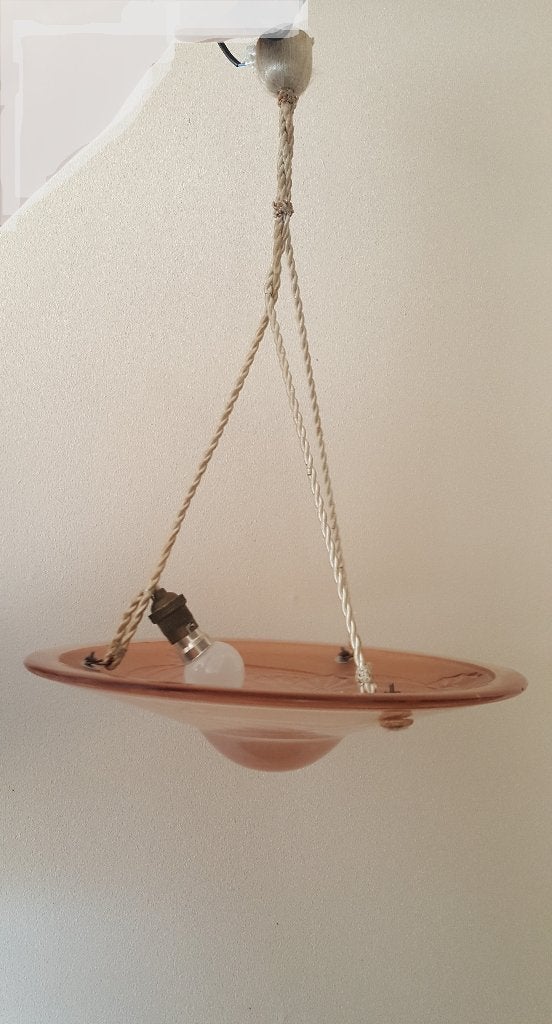 Art Deco roze glazen kroonluchter met geometrisch decor, Ophalen