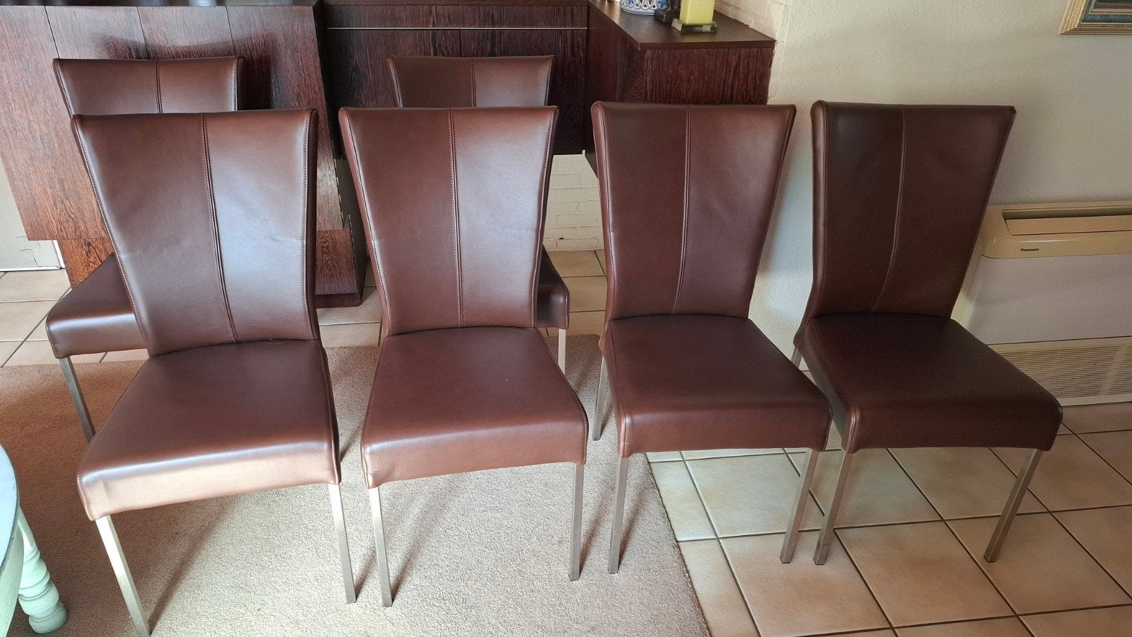 6 leren stoelen eetkamer, Huis en Inrichting, Ophalen, Bruin, Leer, Zo goed als nieuw