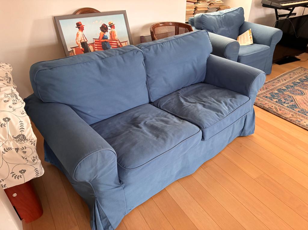 3 delig Salon blauw : 2 zit + 2x 1 zit - perfecte staat, Huis en Inrichting, Fauteuils, Ophalen, Zo goed als nieuw
