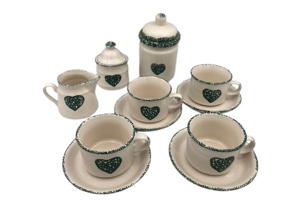 Landelijke koffieset met groene hartjes – 9-delig – keramiek, Huis en Inrichting, Keuken | Servies, Gebruikt, -, Keramiek, -