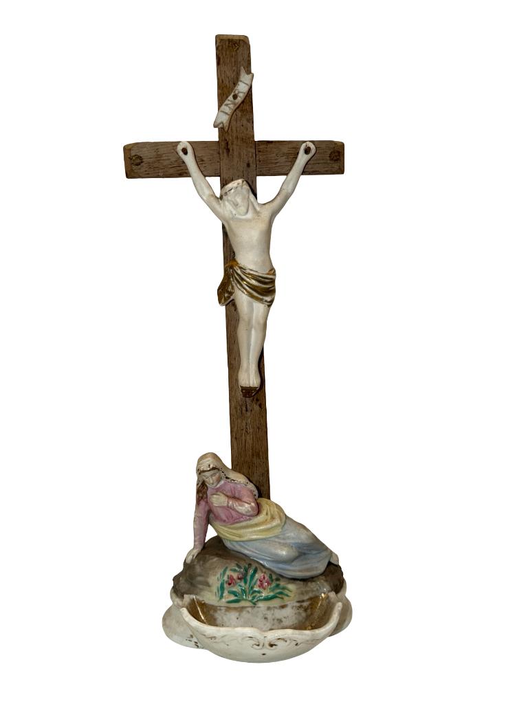 Crucifix ancien bénitier porcelaine – Vieux Paris / Andenne, Enlèvement ou Envoi