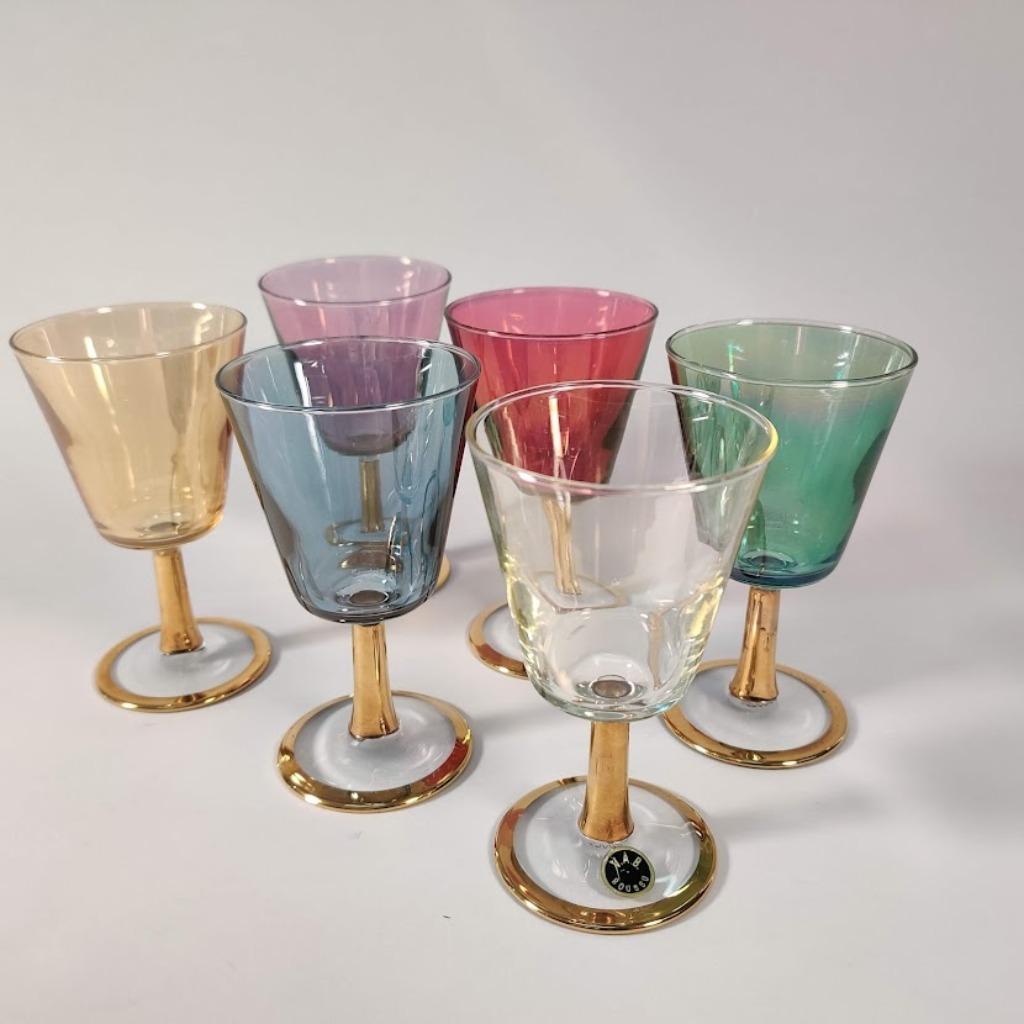6 verres colorés à base dorée, années 1960, Antiquités & Art, Enlèvement ou Envoi