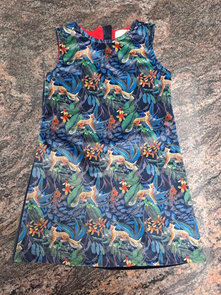 Mt 110 Winterjurk zonder mouwen: jaguars en planten, Kinderen en Baby's, Kinderkleding | Maat 110, Zo goed als nieuw, Meisje, Jurk of Rok