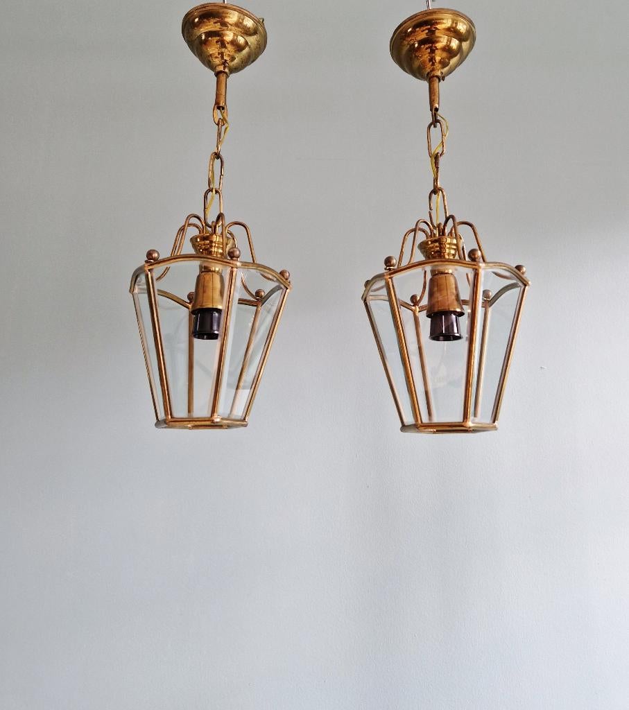 Paire de suspensions/lanternes en laiton et verre, 1950-60, Enlèvement ou Envoi