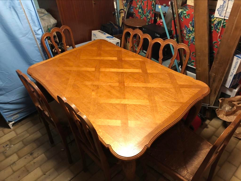 Eiken tafel + 2 verlengstukken + 6 stoelen
