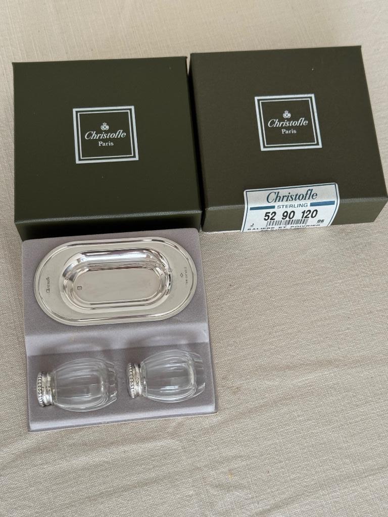 Christofle Sterling Silver zout en peper shaker + schaaltje, Enlèvement, Argent