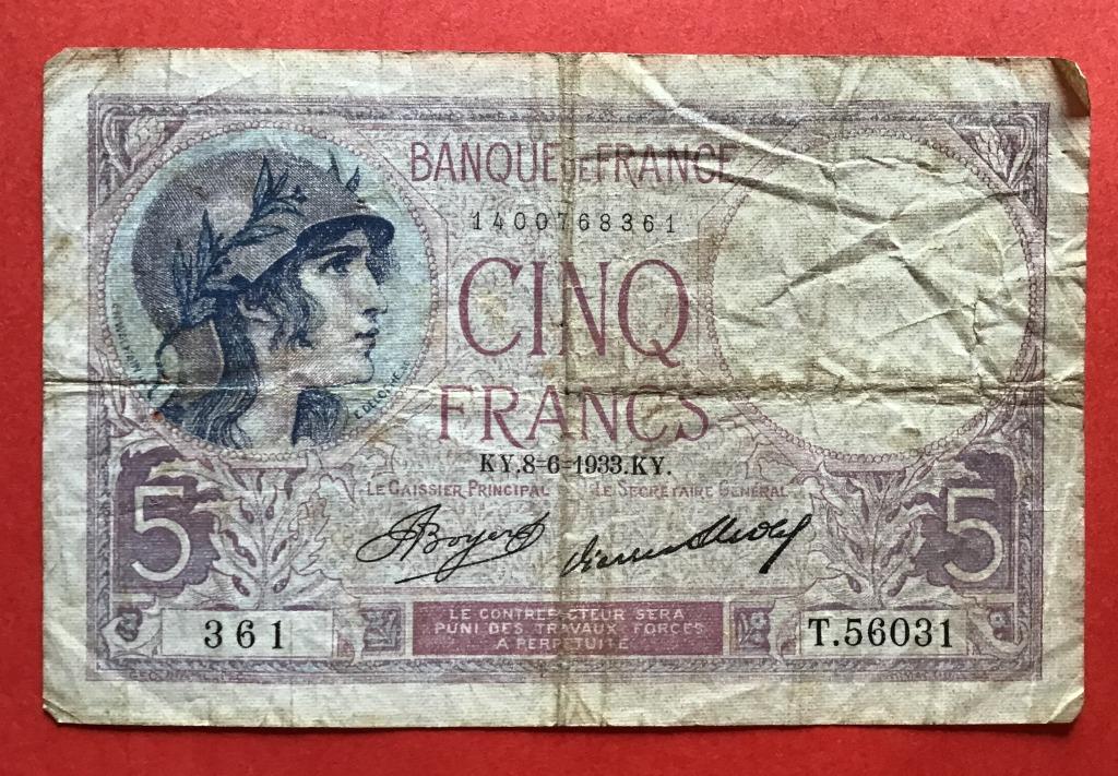 Biljet 5 Fr Frankrijk 1933, Postzegels en Munten, Ophalen of Verzenden, Frankrijk, Los biljet