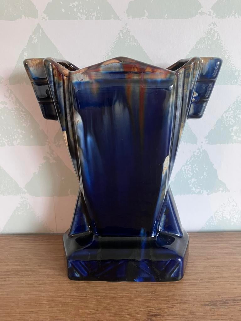 Faienceries de Thulin - Blauwe art deco vaas, Ophalen of Verzenden, Zo goed als nieuw, Blauw