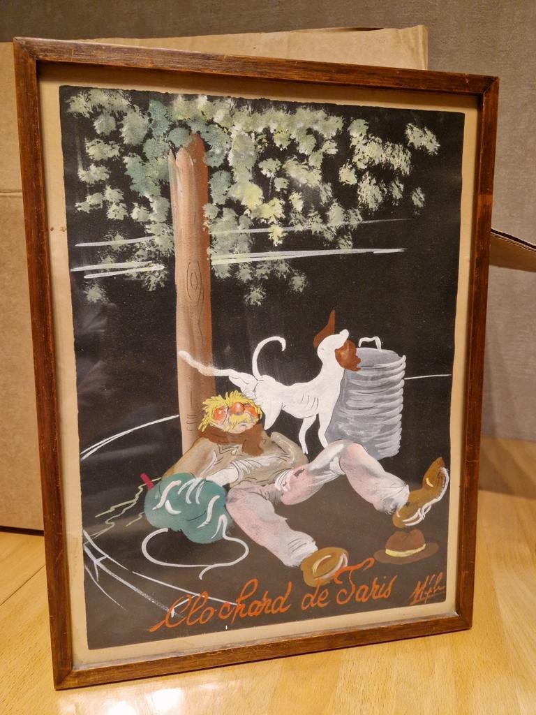 Vintage gouache schilderij Clochard de Paris, Ophalen of Verzenden, Schilderij