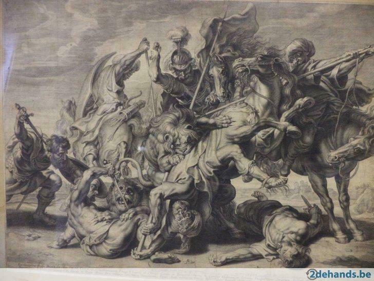 17de-eeuwse ets BOLSWERT, S a. naar RUBENS 'De leeuwenjacht', Antiek en Kunst