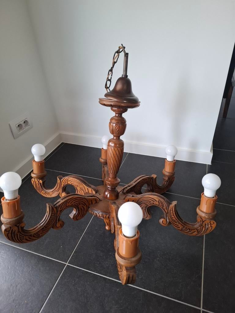 Houten hanglamp met 6 lampen., Ophalen, Gebruikt, Hout