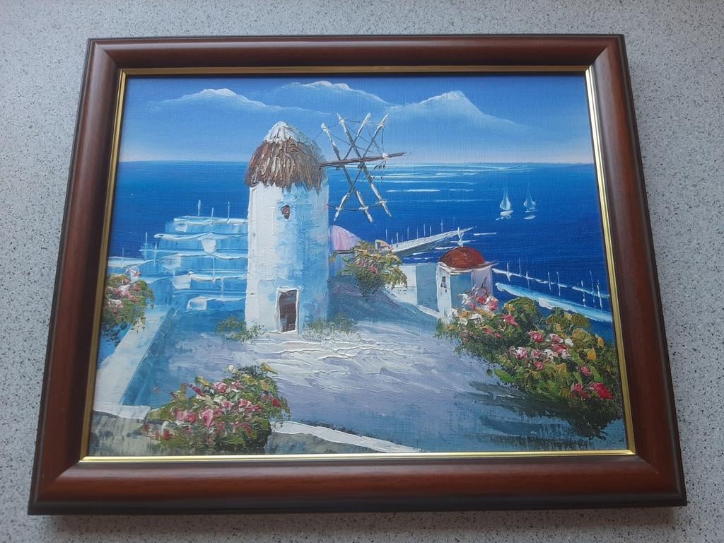 Schilderij Olieverf Santorini Molen – Griekse kust in lijst, Ophalen of Verzenden