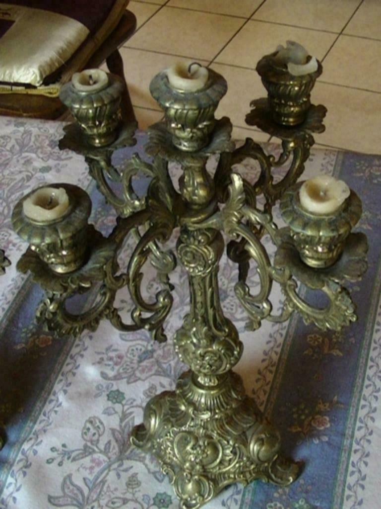 Set van 2 messing 5 armige kandelaars - antiek - 19e eeuw, Ophalen of Verzenden, Koper of Brons