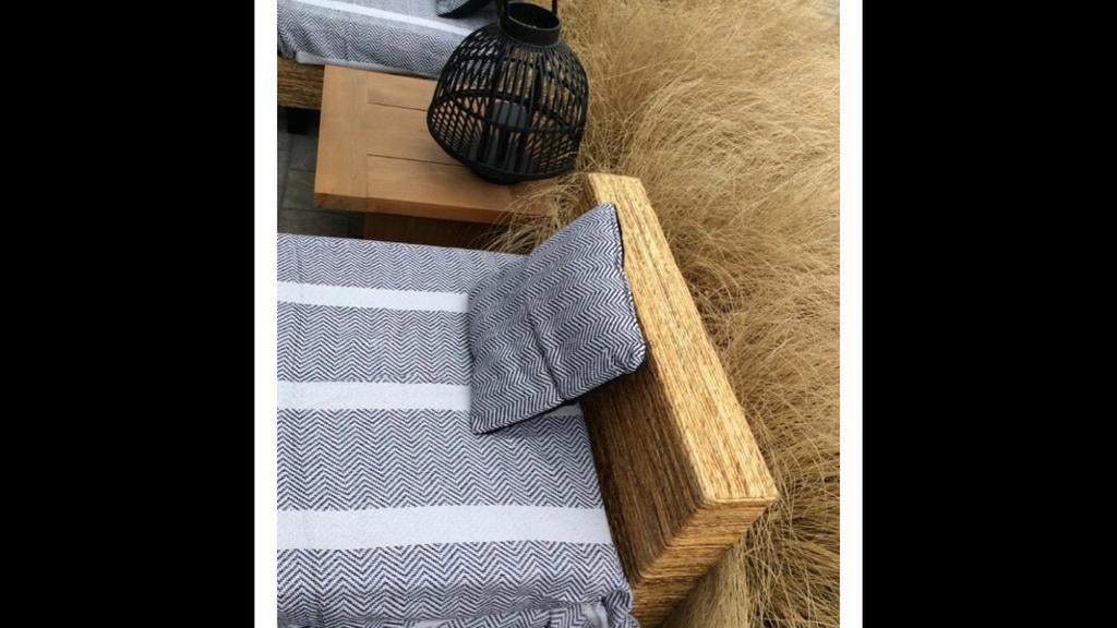 Teak zetel met rotan afwerking 1p x2st, Ophalen, Eenpersoons, 75 tot 100 cm, Zo goed als nieuw