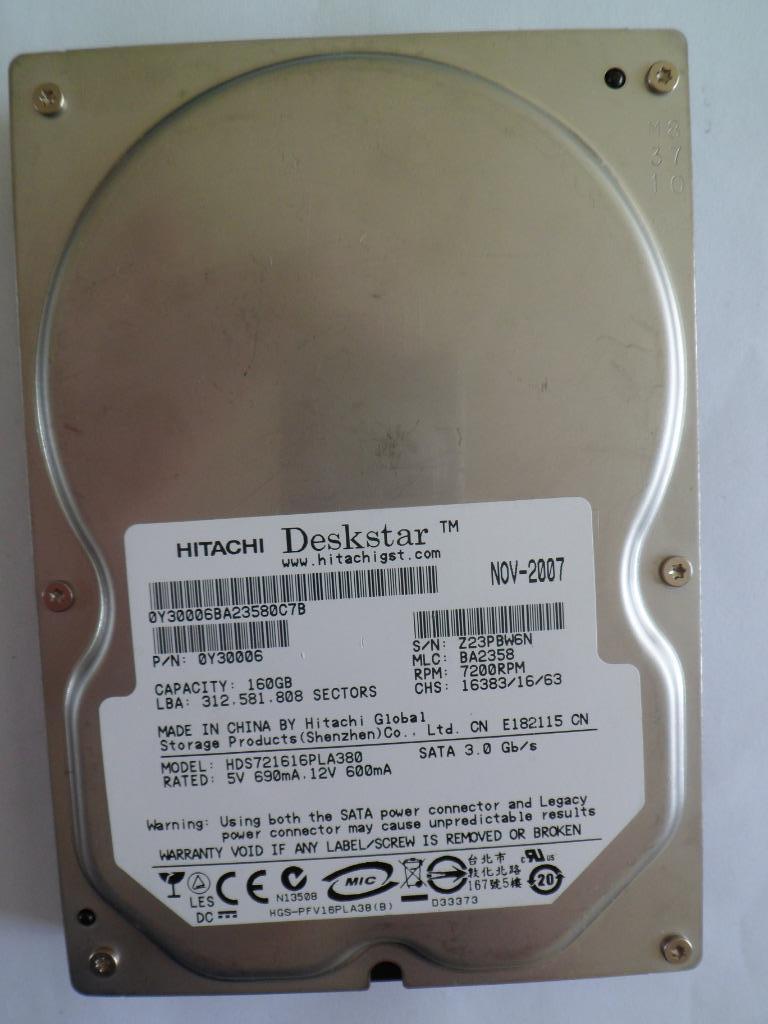 Harde Schijf Hitachi 160GB, 16MB Cache, 3.5Inch, 7200RPM,, Computers en Software, Harde schijven, Gebruikt, Intern, HDD, SATA