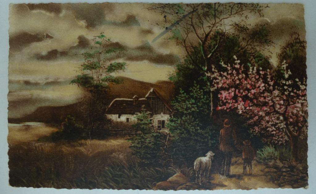 vieille carte postale maison mouton homme avec enfant arbre, Collections, Envoi, Affranchie, Autres thèmes
