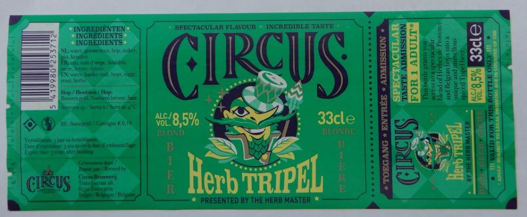 Bieretiket Circus Herb Tripel Brouwerij Circus  (10x8), Verzenden, Gebruikt
