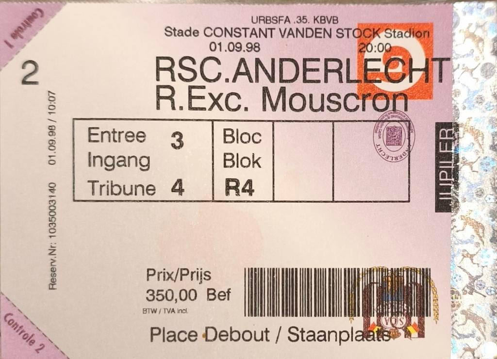 Ticket Anderlecht Mouscron, Collections, Articles de Sport & Football