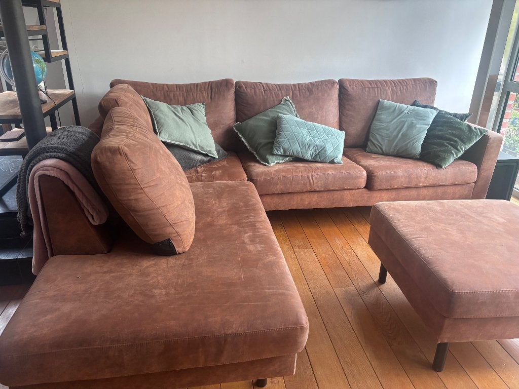 Magnifique canapé conf en cuir, couleur cognac, pouf assorti, Trois personnes, 150 cm ou plus, Banc d'angle, 200 à 250 cm
