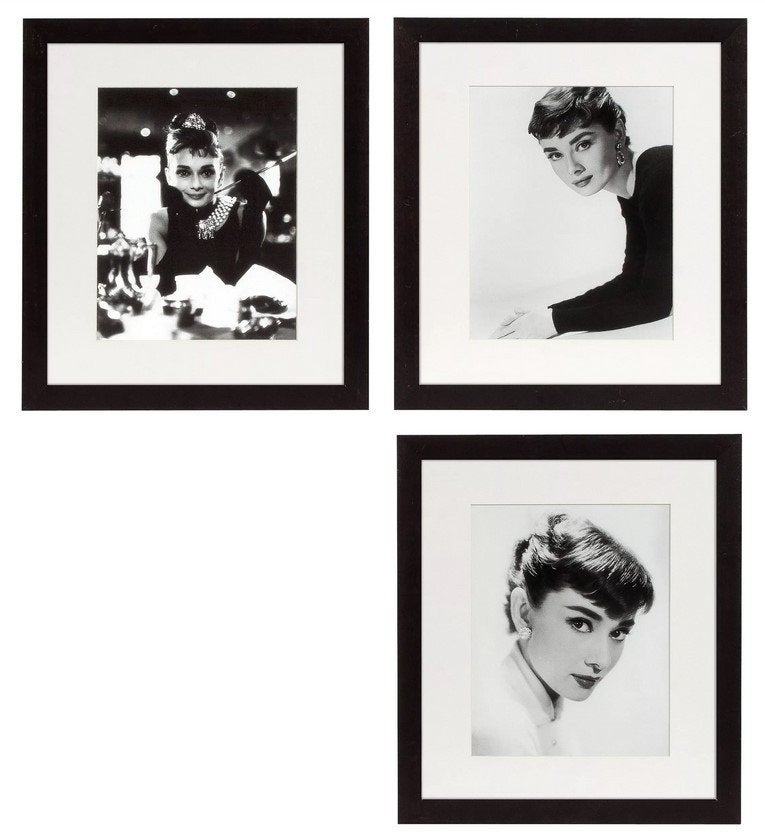 Audrey Hepburn prints SET van 3 van het luxe merk Eichholtz, Maison & Meubles, Enlèvement ou Envoi, Comme neuf, Imprimé, Moins de 50 cm