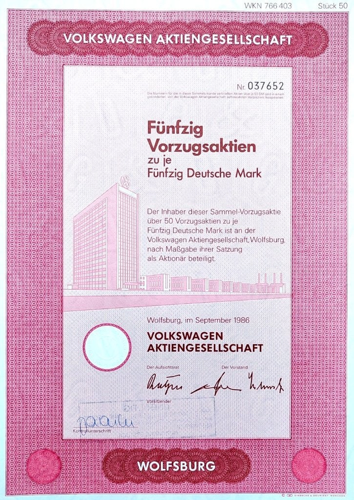 Origineel aandeel VOLKSWAGEN AG 1986!, Enlèvement ou Envoi, Comme neuf, Voitures