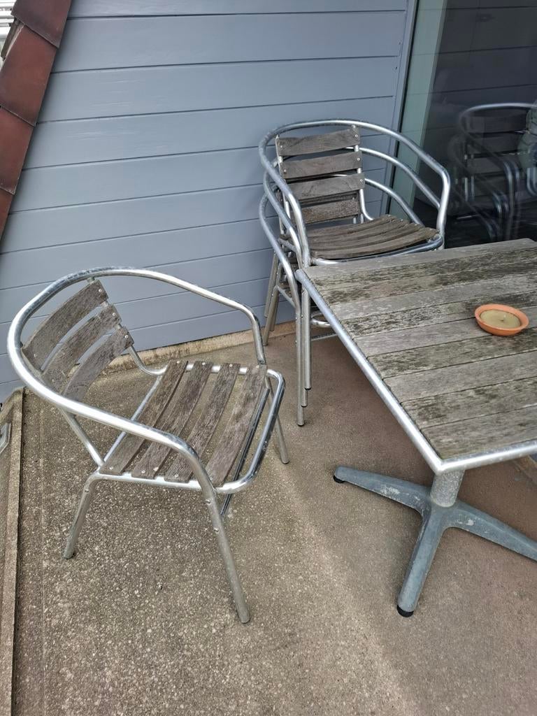 4 Terras + tafel in alu./ hout, Tuin en Terras, Ophalen, Hout
