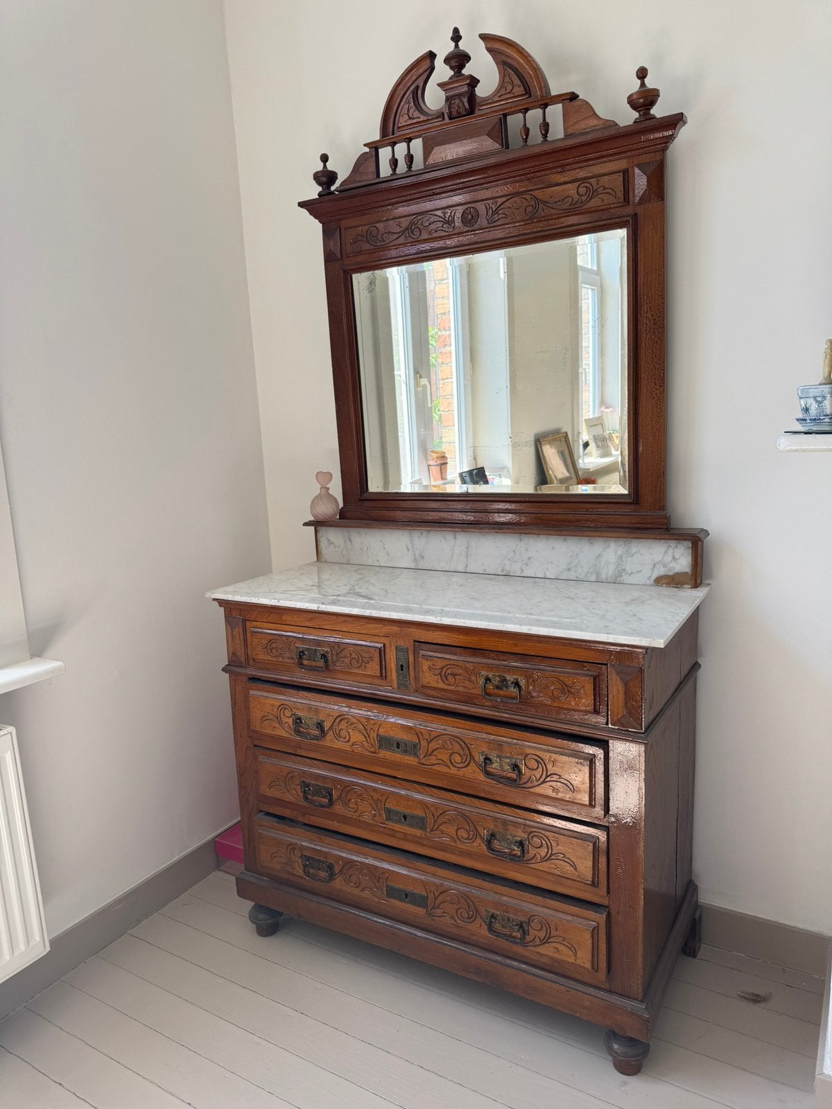 Antieke massieve lavabo-/commodekast met marmer en spiegel, Ophalen
