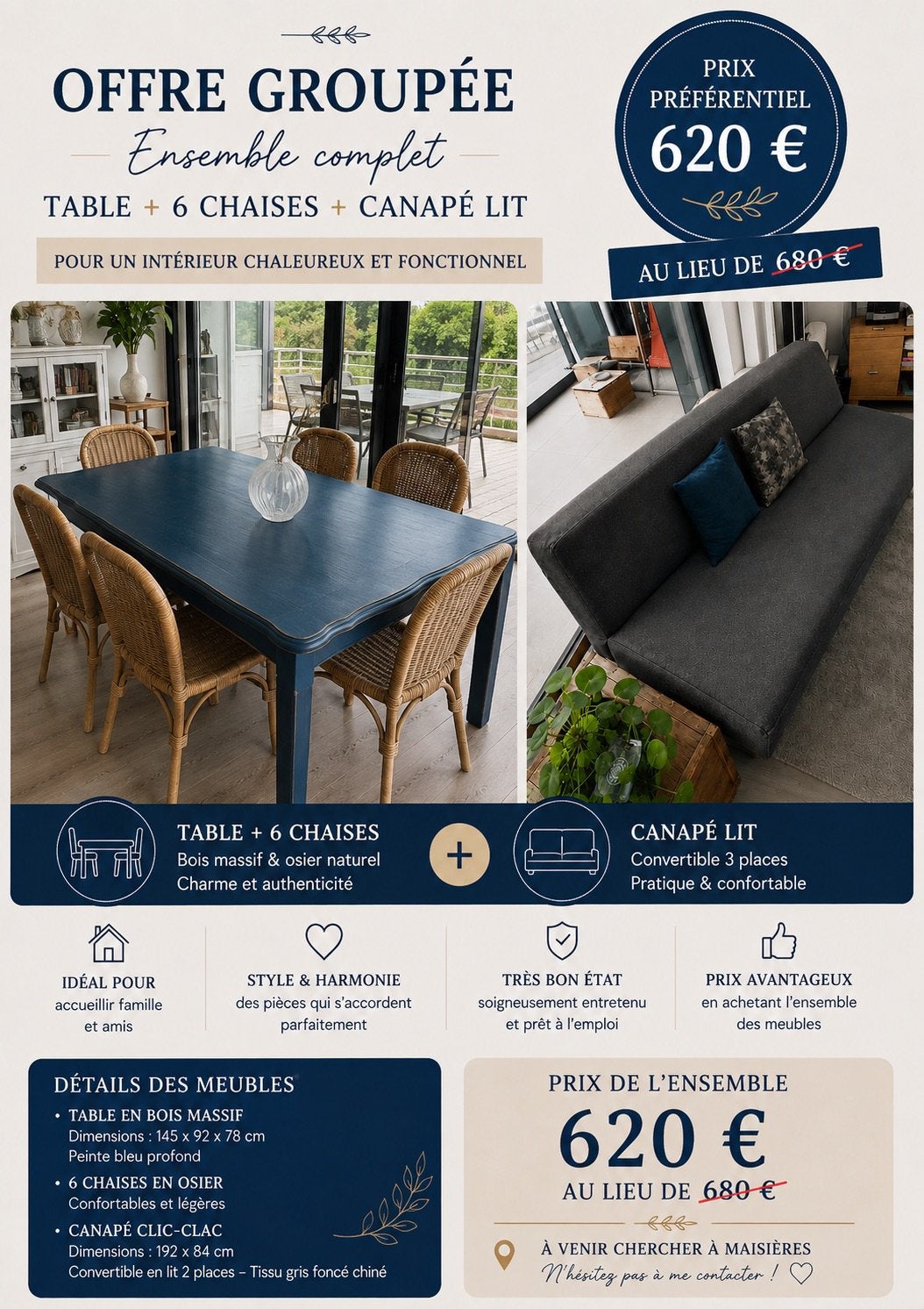 Divan convertible avzc table en bois bleu et chaise en osier, Ophalen, Zo goed als nieuw, Hout