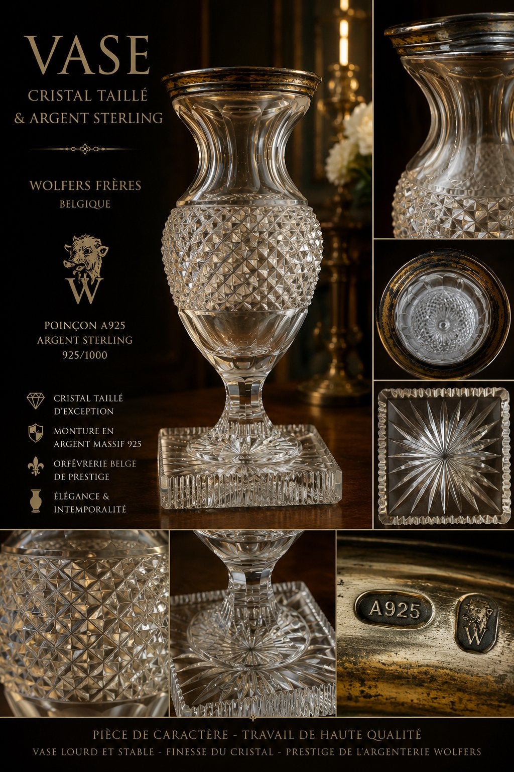 Vase Wolfers Frères en cristal taillé & argent sterling A925, Enlèvement ou Envoi