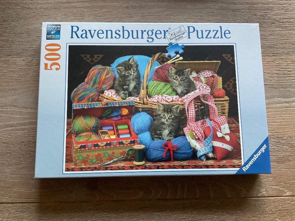 Legpuzzel poesjes in breimand, 500 stukjes, Ophalen of Verzenden, 500 t/m 1500 stukjes, Nieuw, Legpuzzel