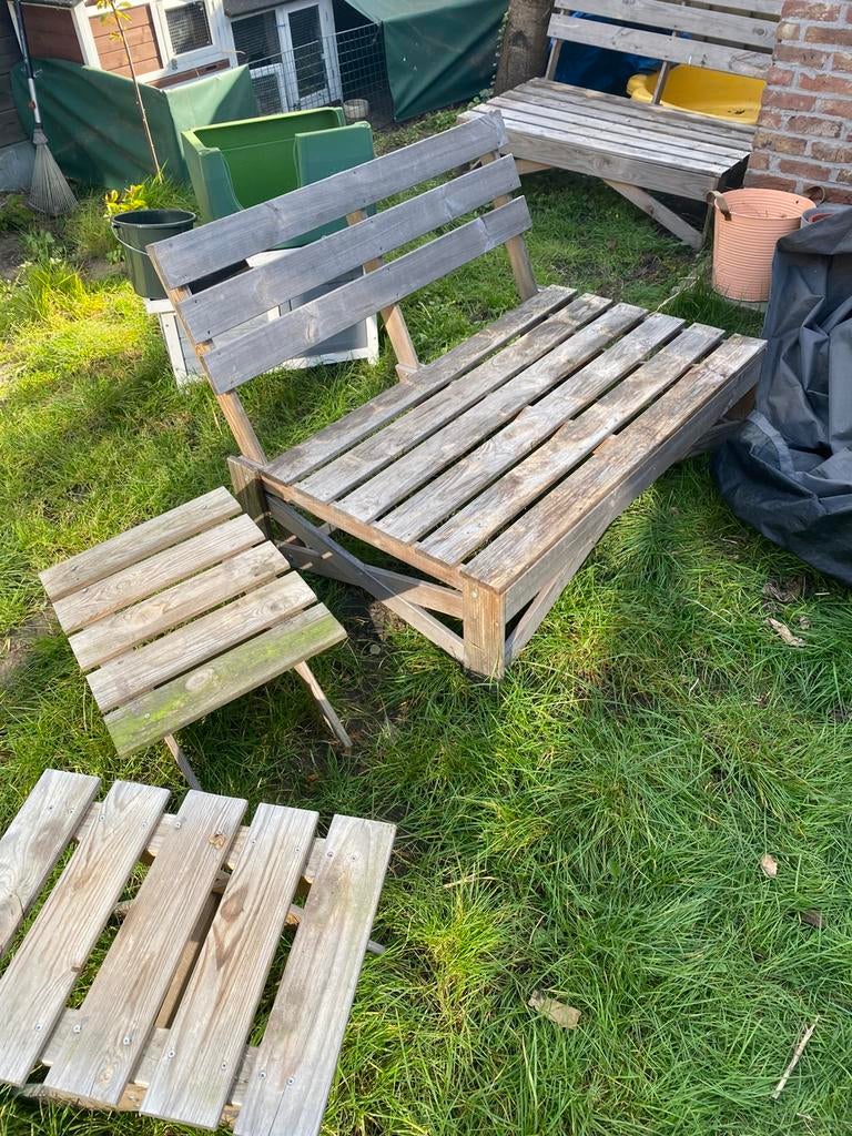 Houten tuinbanken met bijhorende tafels, Tuin en Terras, Ophalen, 4 zitplaatsen, Gebruikt, Bank