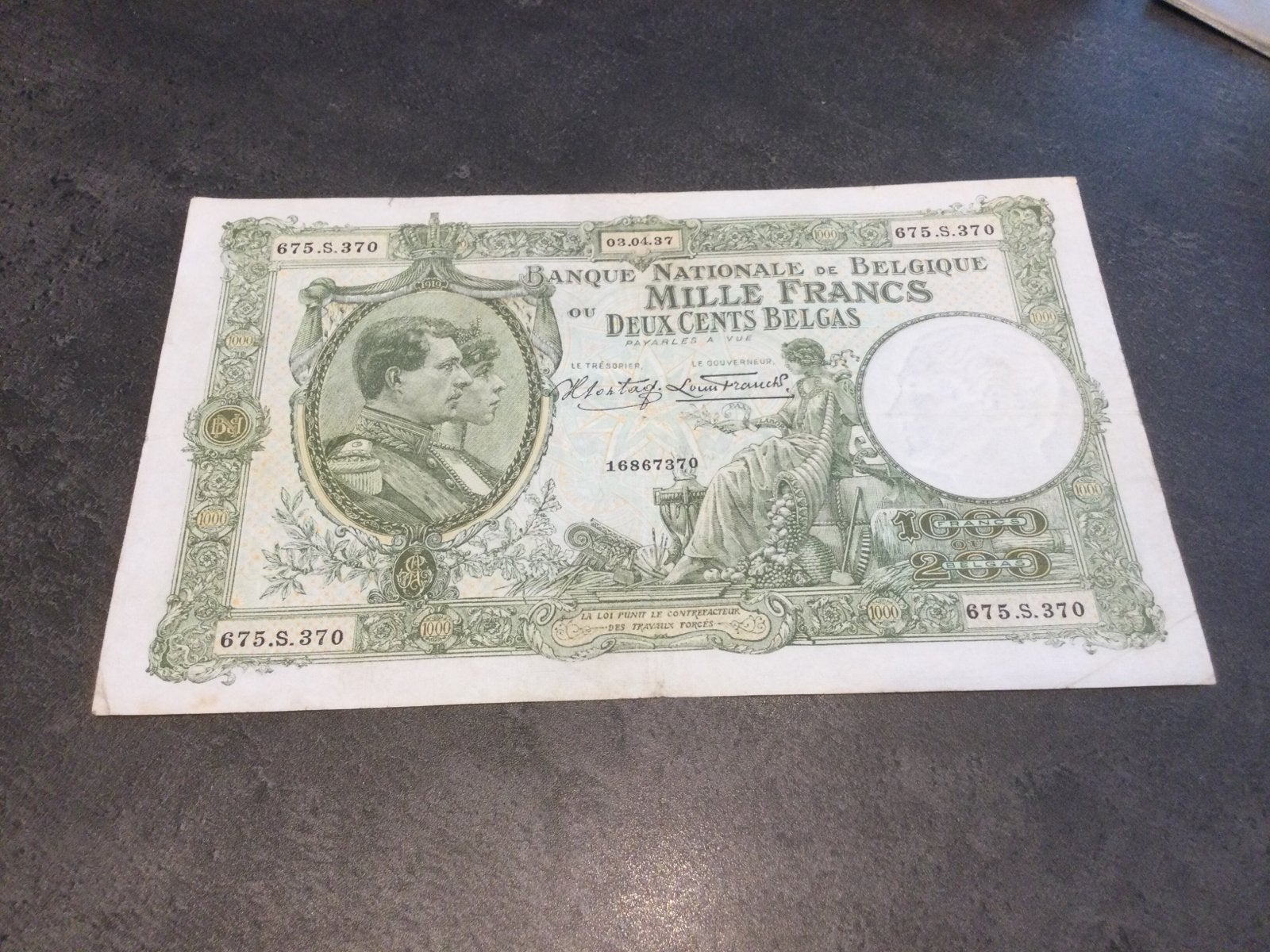 Belgique 1000 Francs 1937, Enlèvement ou Envoi