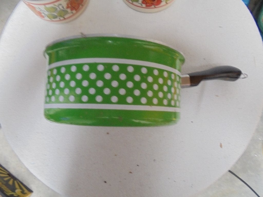 Vintage/retro geëmailleerde jaren ‘70 kookpotten, Met handvatten, Ophalen of Verzenden, Zo goed als nieuw, Kookpan