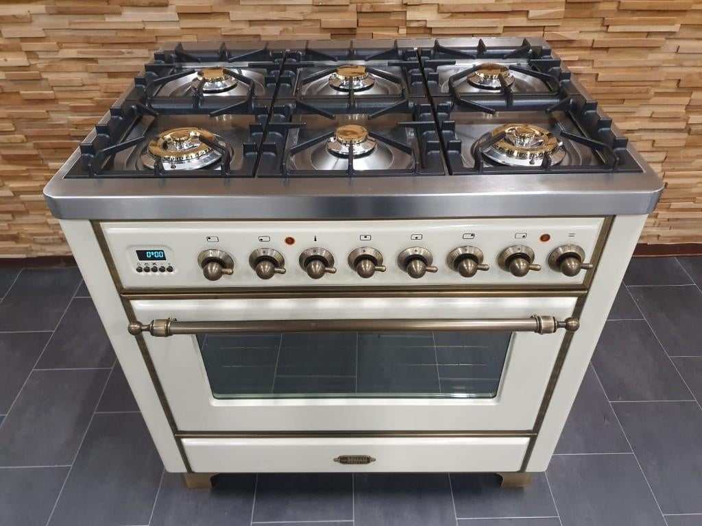 Luxe Boretti Majestic Fornuis 90cm crème & oud koper GASOVEN, Ophalen, 60 cm of meer, Zo goed als nieuw, Energieklasse A of zuiniger