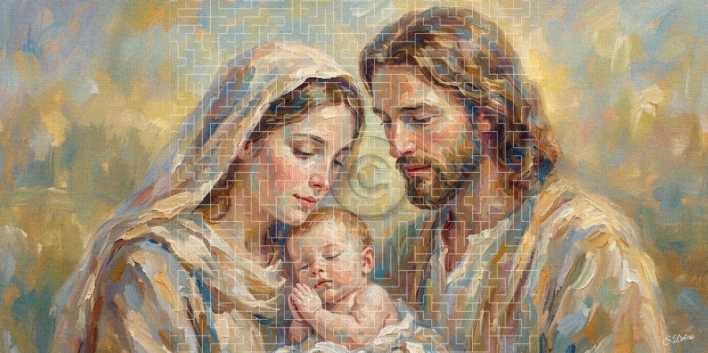 Jésus Marie et Joseph "La prière de Jésus" (120x60) cm, Portrait ou Personnes, Peinture acrylique, Signé, Toile