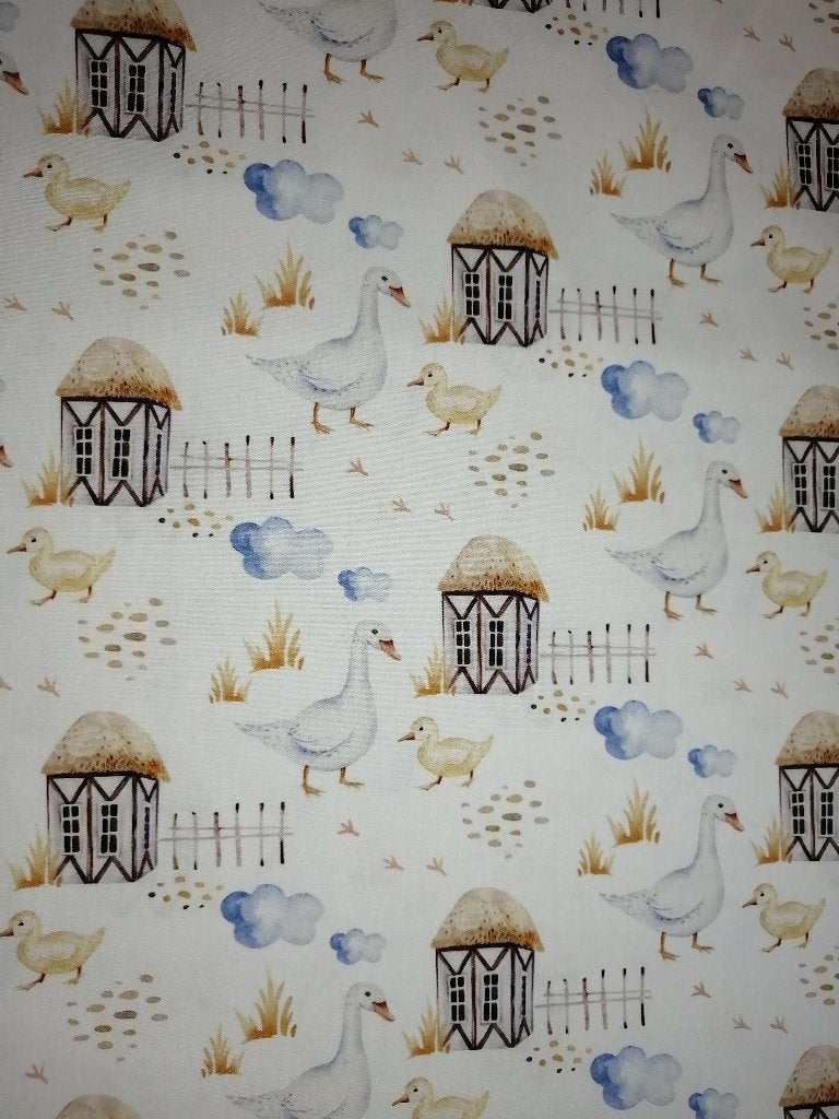 Outlet : poplin katoen boerderijdieren eendjes, Verzenden, 120 cm of meer, Wit, Katoen