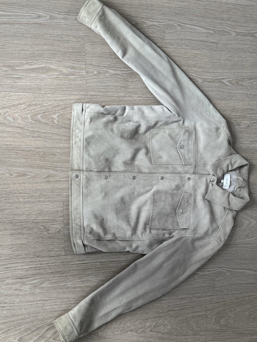 Reiss London - Kaki Leren Jas - Echt Geitenleer, Kleding | Heren, Jassen | Zomer, Ophalen, Zo goed als nieuw, Maat 56/58 (XL)