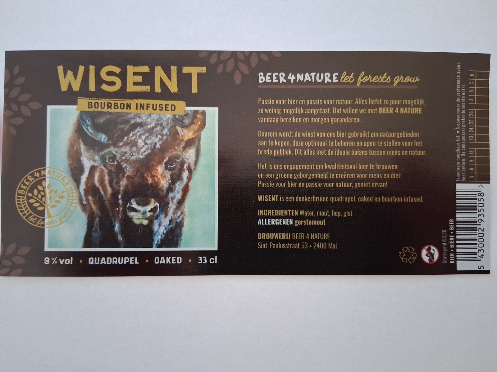 bieretiket Belgie Beer 4 Nature Mol : Wisent, Verzenden, Nieuw, Overige typen, Overige merken
