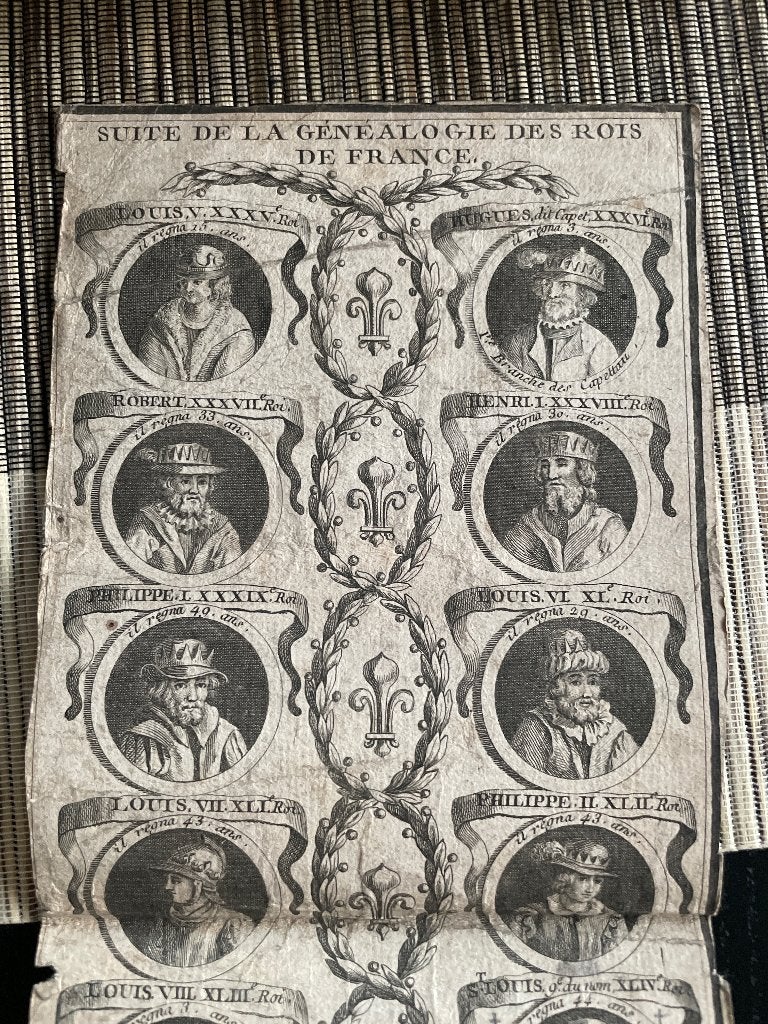 Gravure généalogique sur cuivre Rois de France vers 1775, Enlèvement ou Envoi, Cartographie, 67 cm, Gravure