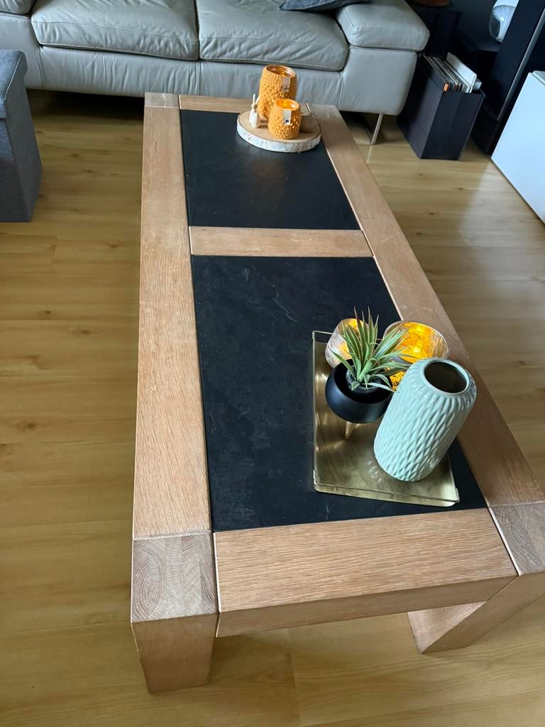 Eiken salontafel met 2 zwarte leistenen 150x60 cm, Enlèvement, Utilisé