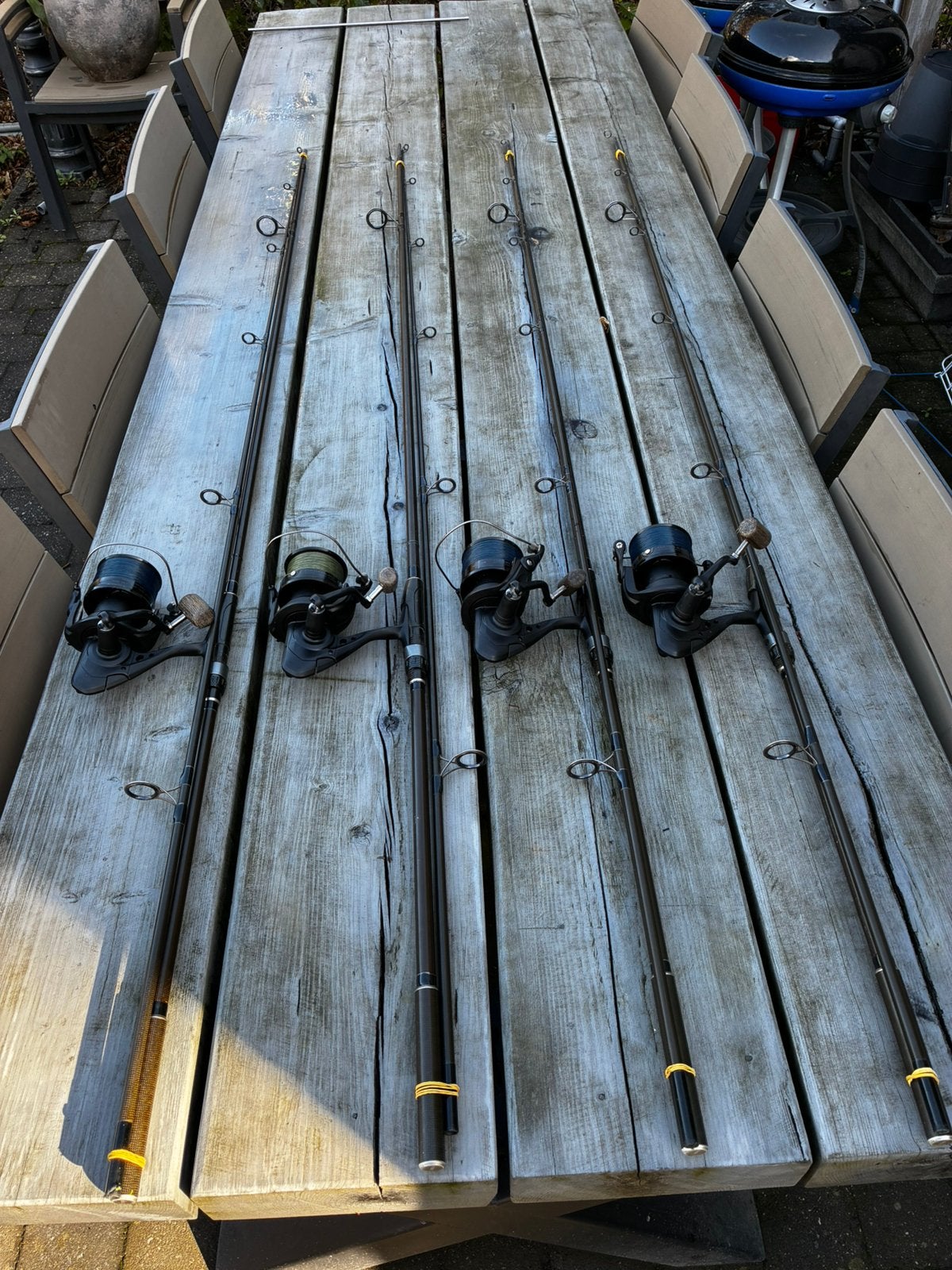 4 Fox hengels met Okuma molens., Ophalen, Gebruikt